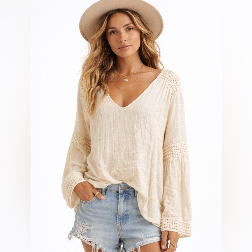 Maven West Boho Blouse Cream Textured Peasant Top